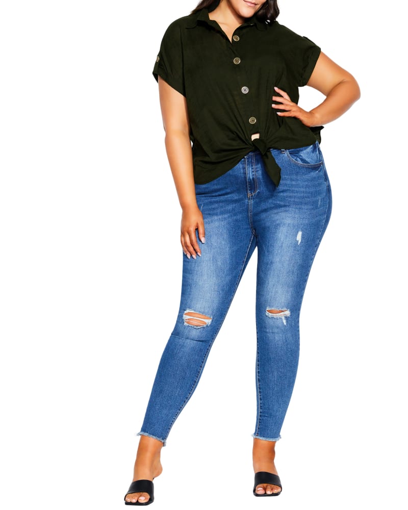 Front of a model wearing a size XXS SHIRT BUTTON EXPLORE in Khaki by City Chic. | dia_product_style_image_id:266032